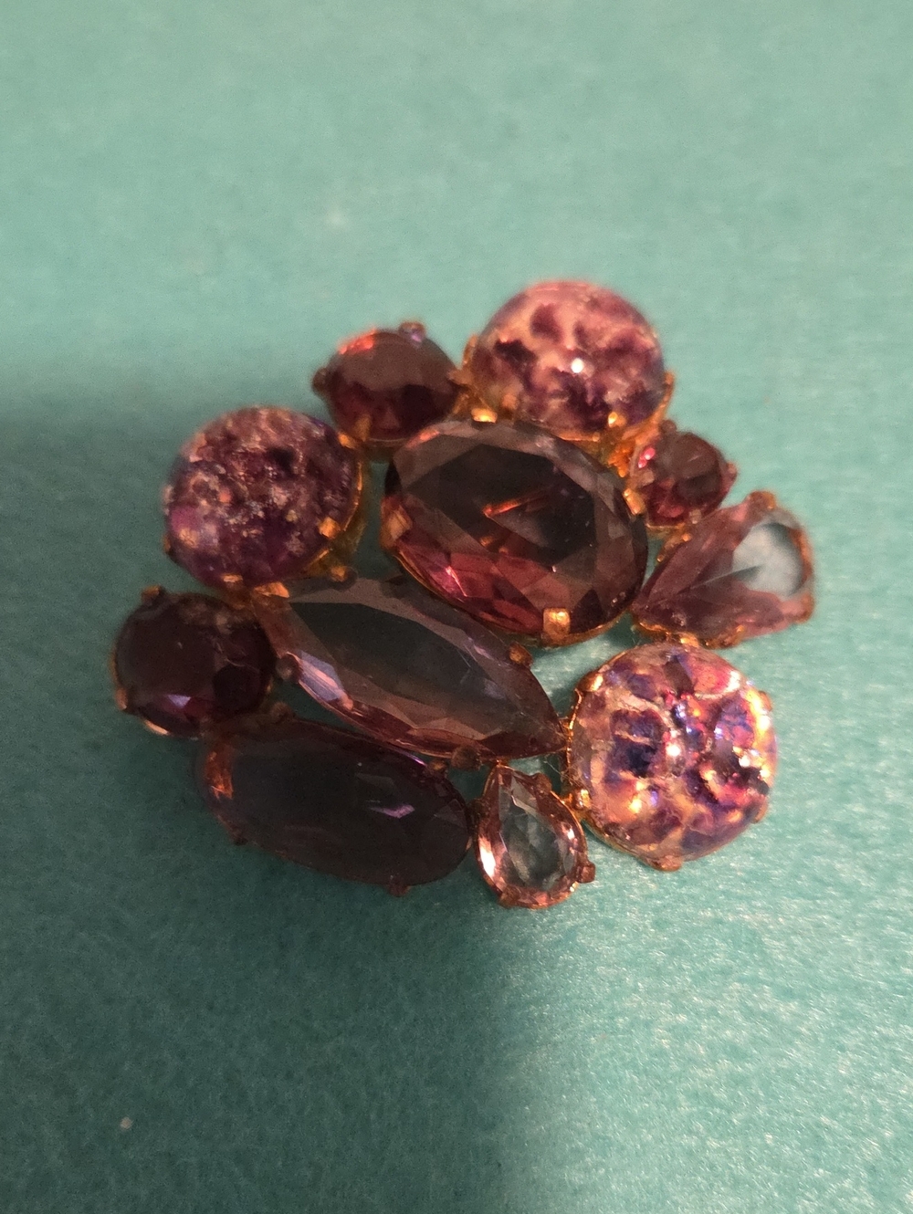 Gold Tone With Purple Art Glass Cluster Brooch